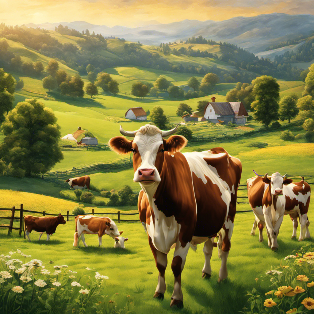 An image of a lush, sun-kissed dairy farm with grazing cows in a picturesque meadow, their udders being gently milked by farmers
