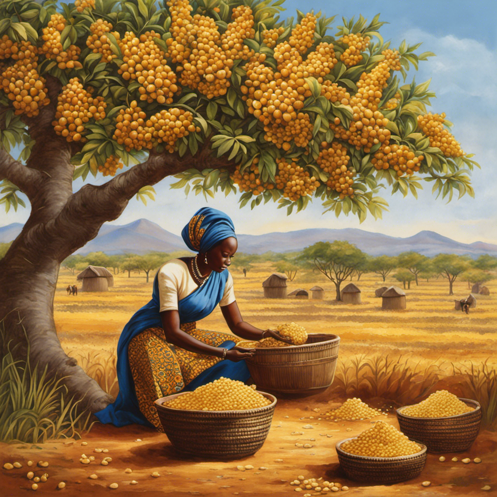 An image showcasing the rich African landscape, with women carefully handpicking the ripe shea nuts from majestic shea trees