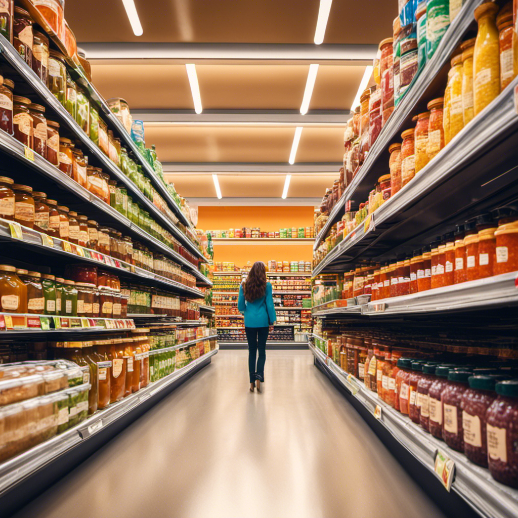 An image featuring a spacious grocery store aisle, neatly stacked with rows of colorful jars