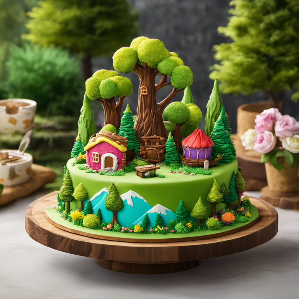 An image that showcases a vibrant, whimsical Fortnite landscape, with lush green grass, towering mountains, and a hidden, enchanting bakery nestled amidst the trees, revealing the elusive Butter Cake