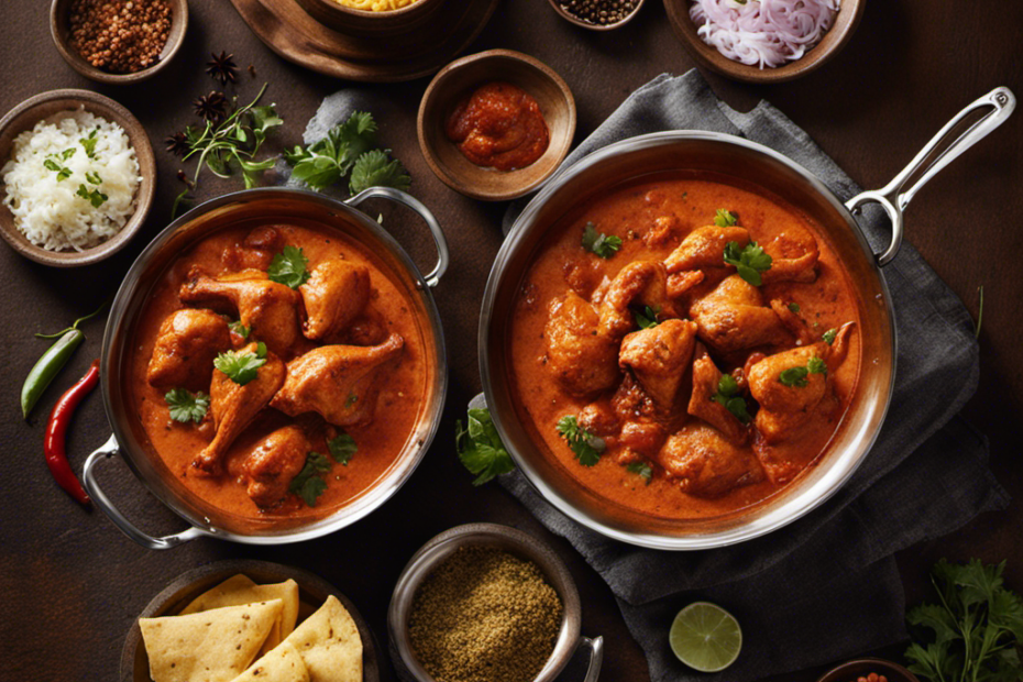 An image capturing the essence of the birthplace of butter chicken: a bustling, aromatic Indian kitchen, where a skilled chef expertly marinates succulent chicken in a rich, vibrant sauce, amidst a backdrop of traditional clay ovens and fragrant spices