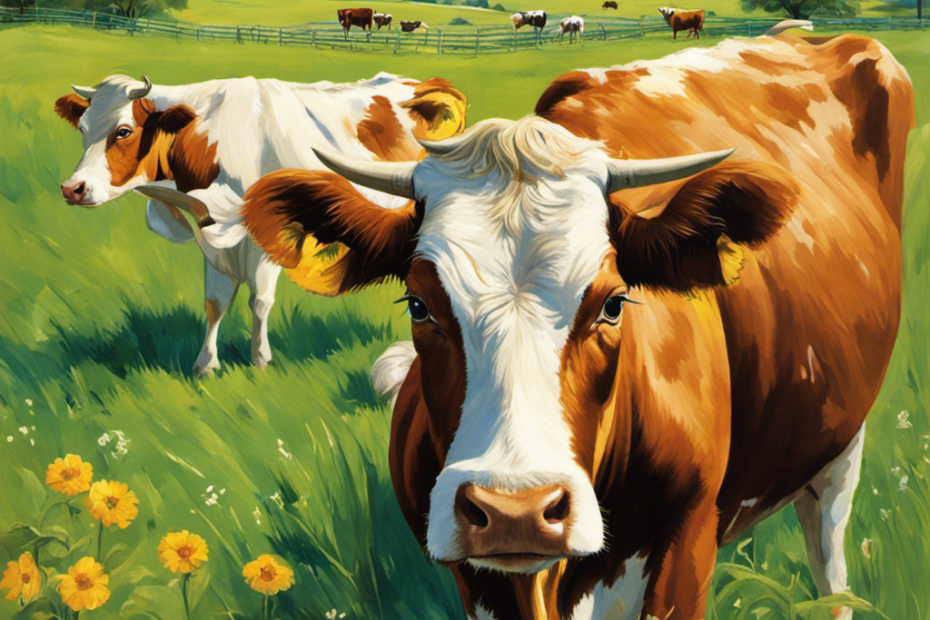 An image depicting a lush green pasture with a herd of contented cows grazing peacefully under a bright blue sky, showcasing the idyllic origins of butter