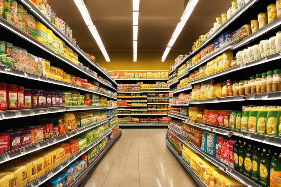An image showcasing a vibrant supermarket aisle filled with neatly stacked shelves, each adorned with various brands and types of butter