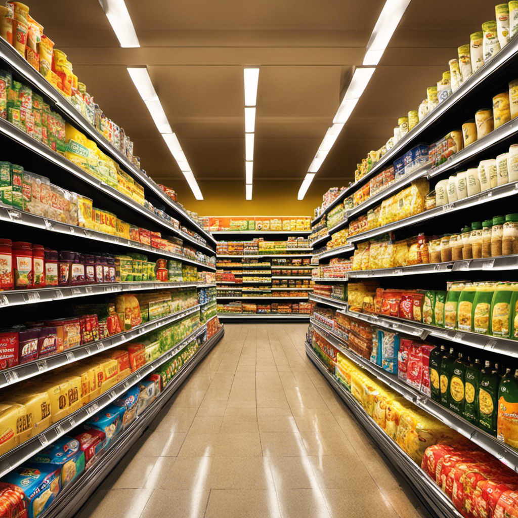 An image showcasing a vibrant supermarket aisle filled with neatly stacked shelves, each adorned with various brands and types of butter