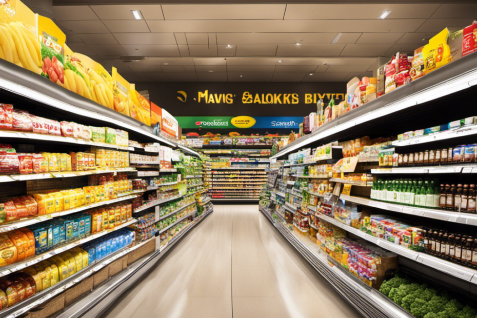 An image showcasing a vibrant supermarket aisle, lined with neatly organized shelves adorned with colorful packaging