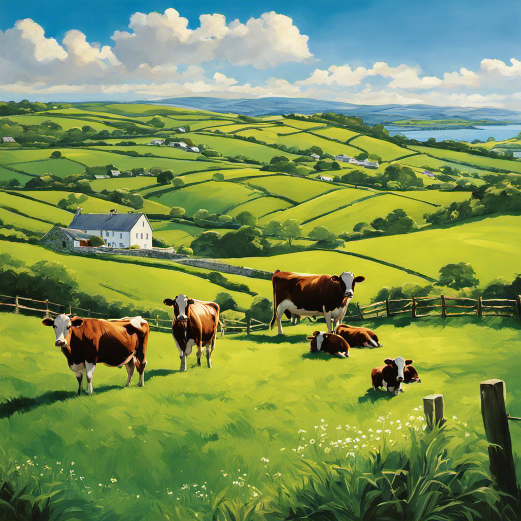 An image showcasing the lush green pastures of County Cork, Ireland, dotted with contented cows