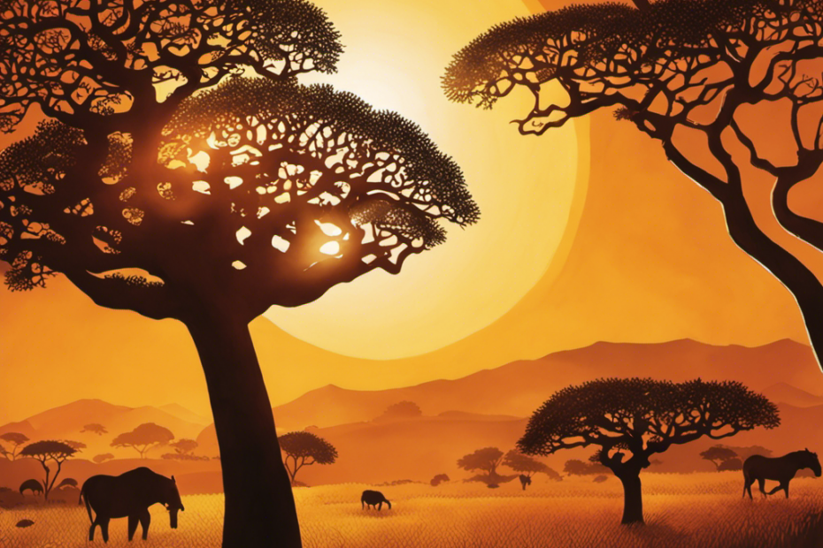 An image featuring a vast African landscape, with a radiant sun setting behind a majestic shea tree