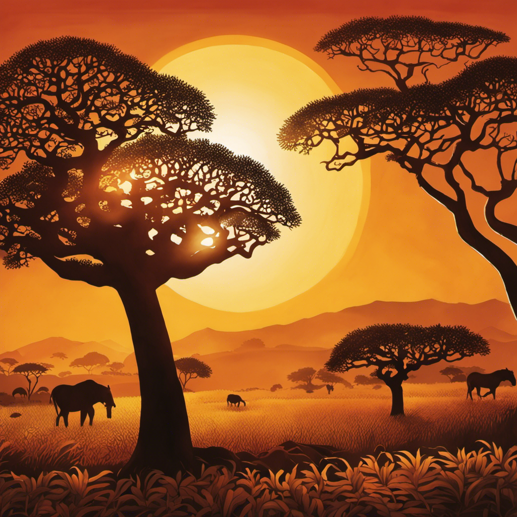 An image featuring a vast African landscape, with a radiant sun setting behind a majestic shea tree