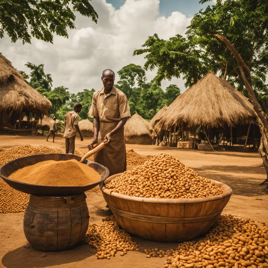 An image showcasing the origins of peanut butter in Nigeria: a picturesque landscape of lush, sun-kissed peanut farms, bustling local markets brimming with freshly harvested peanuts, and skilled artisans passionately grinding peanuts into creamy, golden goodness