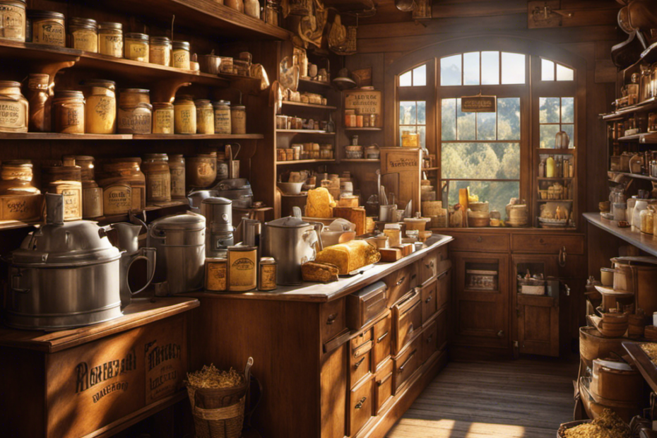 An image showcasing the quaint interior of an old-fashioned general store, brimming with shelves stocked with gleaming butter makers