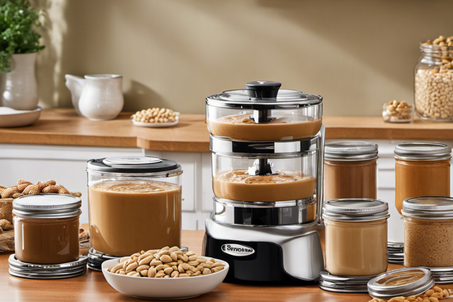 An image showcasing a bright, well-organized kitchen countertop with a sleek, stainless steel Salton Peanut Butter Maker prominently displayed