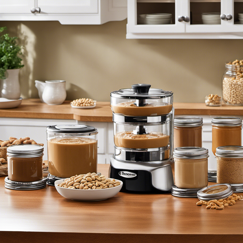 An image showcasing a bright, well-organized kitchen countertop with a sleek, stainless steel Salton Peanut Butter Maker prominently displayed