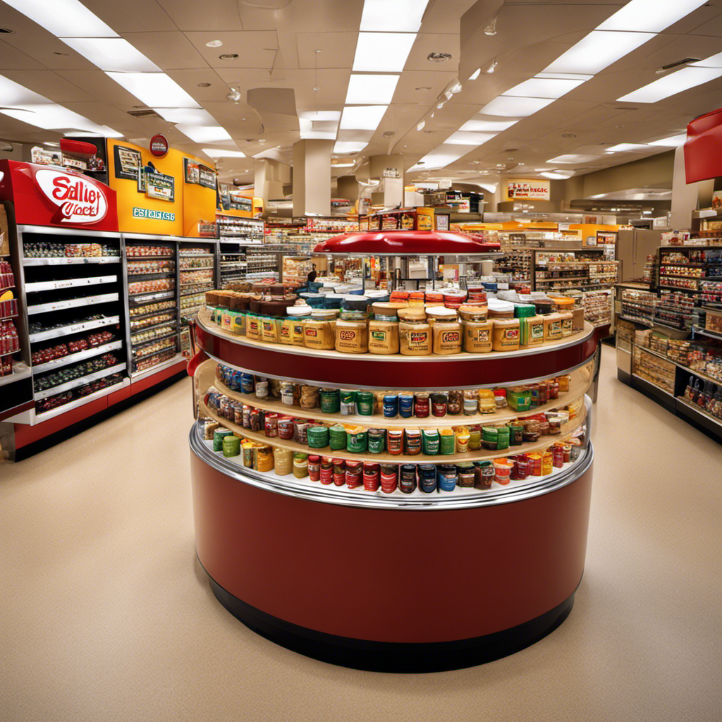 An image showcasing a bustling department store's kitchen appliances section, with a prominently displayed shelf filled with Salton Peanut Butter Makers