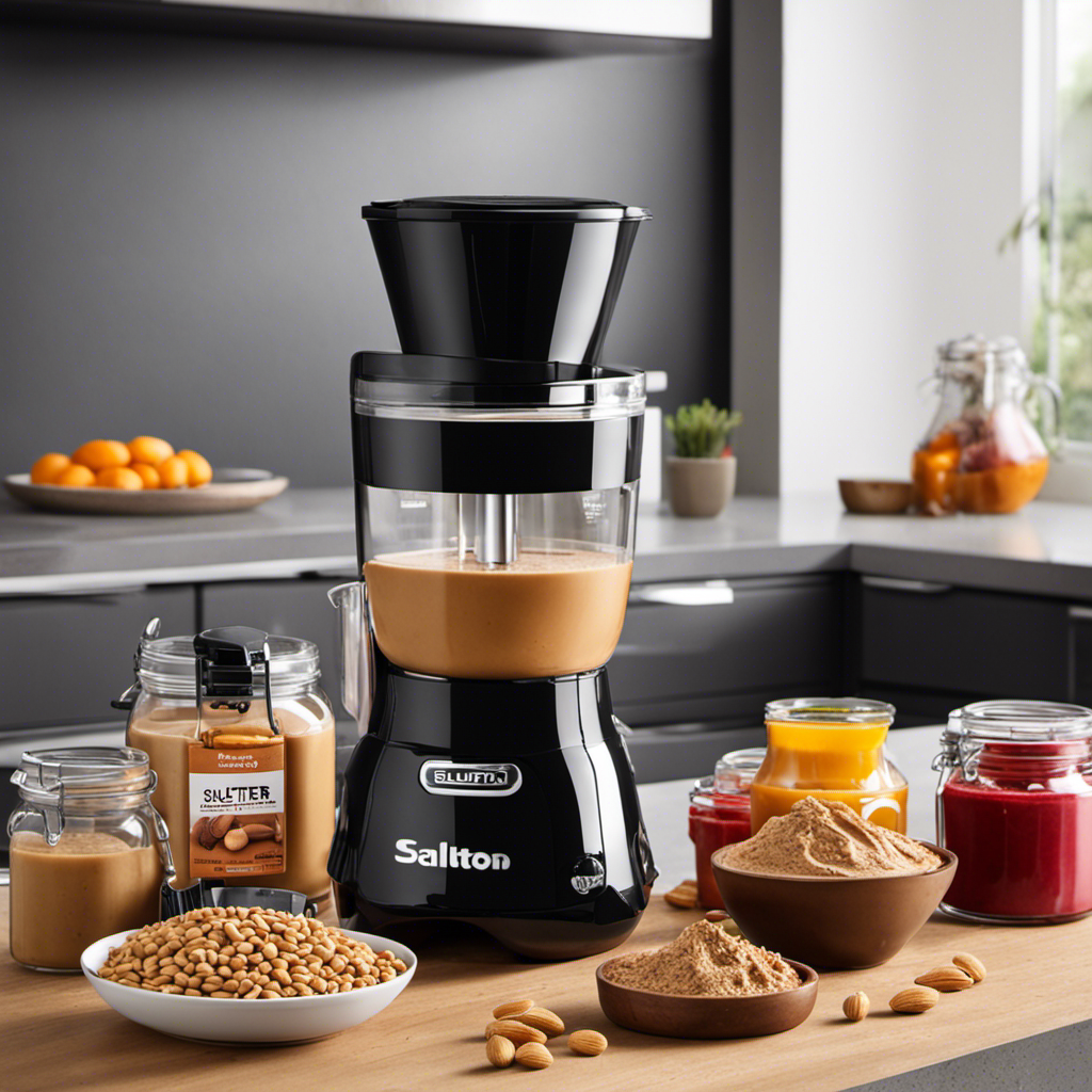 An image showcasing a clutter-free kitchen countertop adorned with a vibrant, eye-catching Salton Peanut Butter Maker