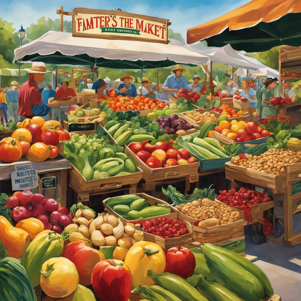 An image depicting a vibrant, bustling local farmer's market scene, showcasing an array of fresh, organic produce, with a focus on a charming stall displaying a Salton Peanut Butter Maker