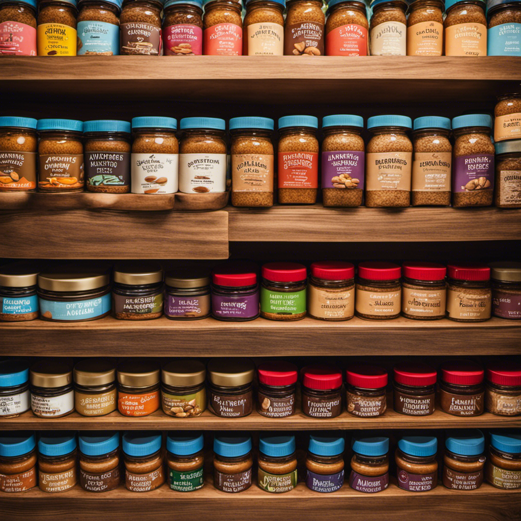 An image showcasing a beautifully organized shelf filled with an array of almond butter jars in different flavors and sizes, surrounded by vibrant and fresh almonds, inviting readers to discover the best places to buy almond butter