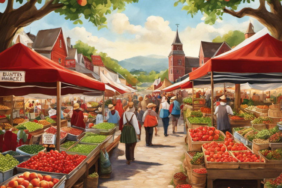 An image showcasing a quaint farmers market, bustling with vibrant stalls adorned with jars of homemade apple butter