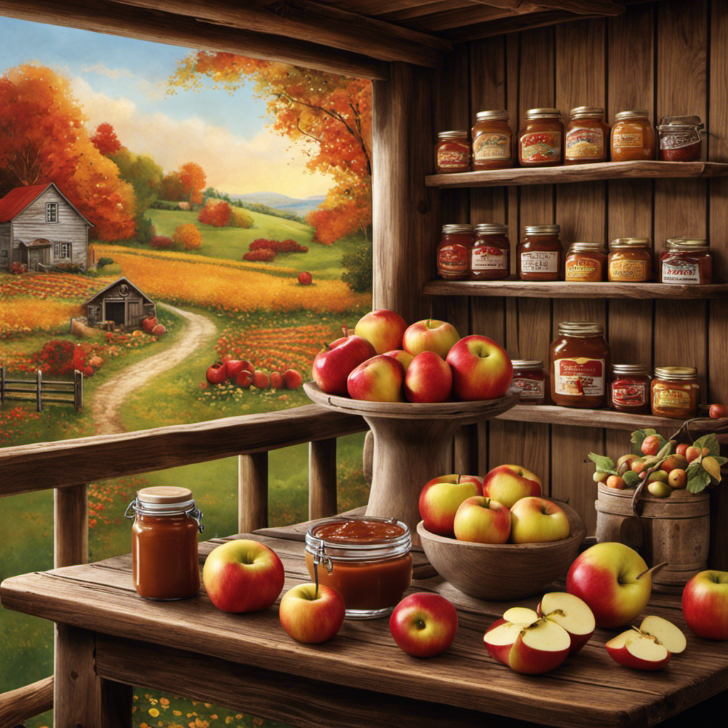 An image that showcases a rustic wooden table adorned with a jar of rich, caramel-colored apple butter, surrounded by a vibrant display of freshly picked apples, a quaint country store in the background