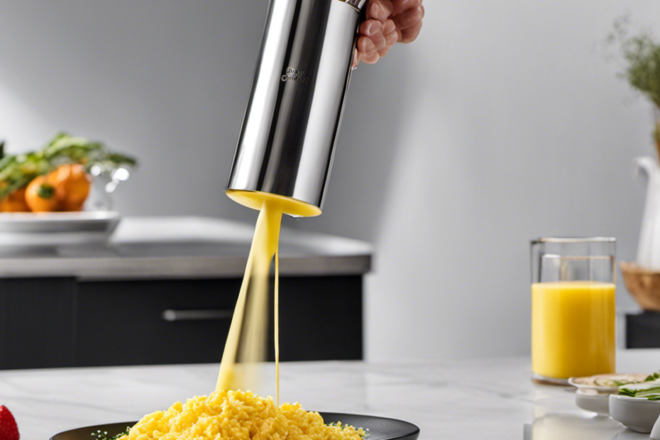 An image showcasing a modern kitchen countertop with a sleek, stainless steel Biem Butter Sprayer placed prominently