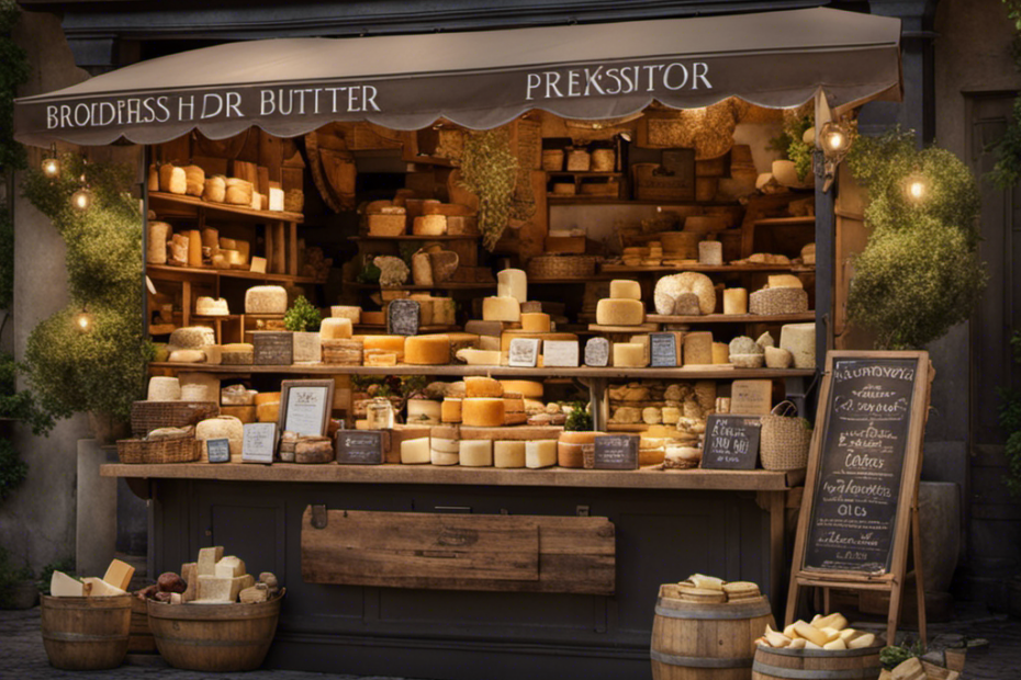 An image showcasing a charming, rustic French marketplace with a quaint cheese vendor stall adorned with a variety of artisanal cheeses, prominently displaying the renowned Bordier Butter