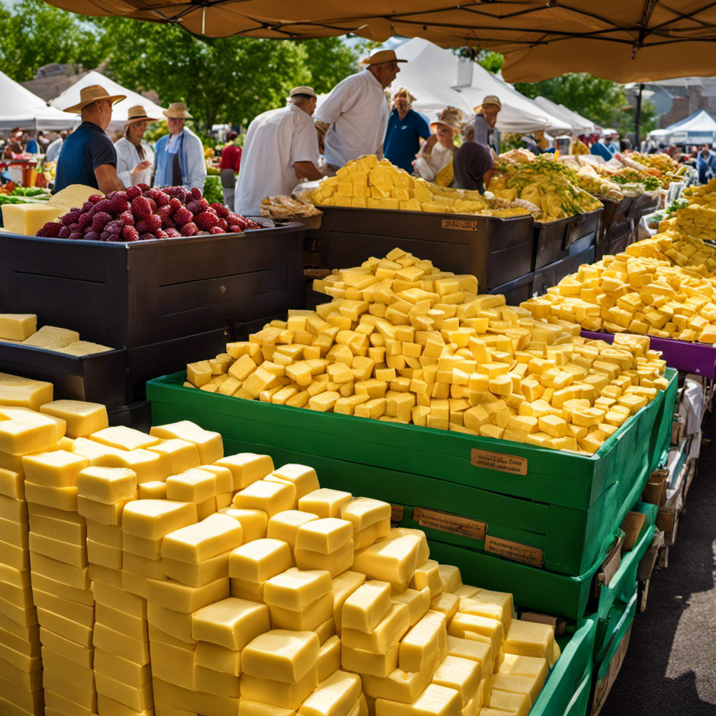 An image showcasing a bustling, vibrant farmers market, with rows of vendors selling fresh, golden blocks of butter