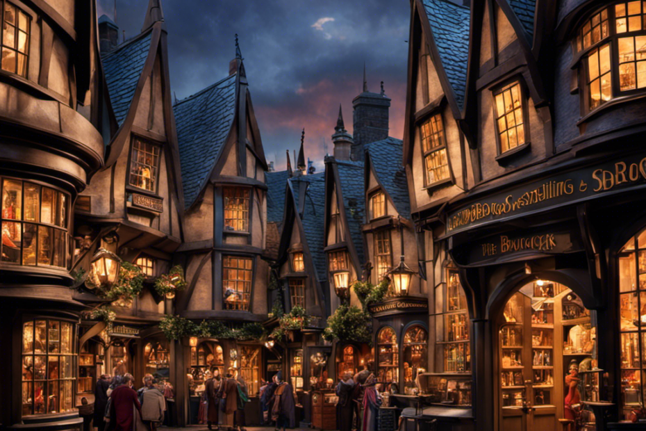 An image showcasing a bustling Diagon Alley street, adorned with quirky wizarding shops