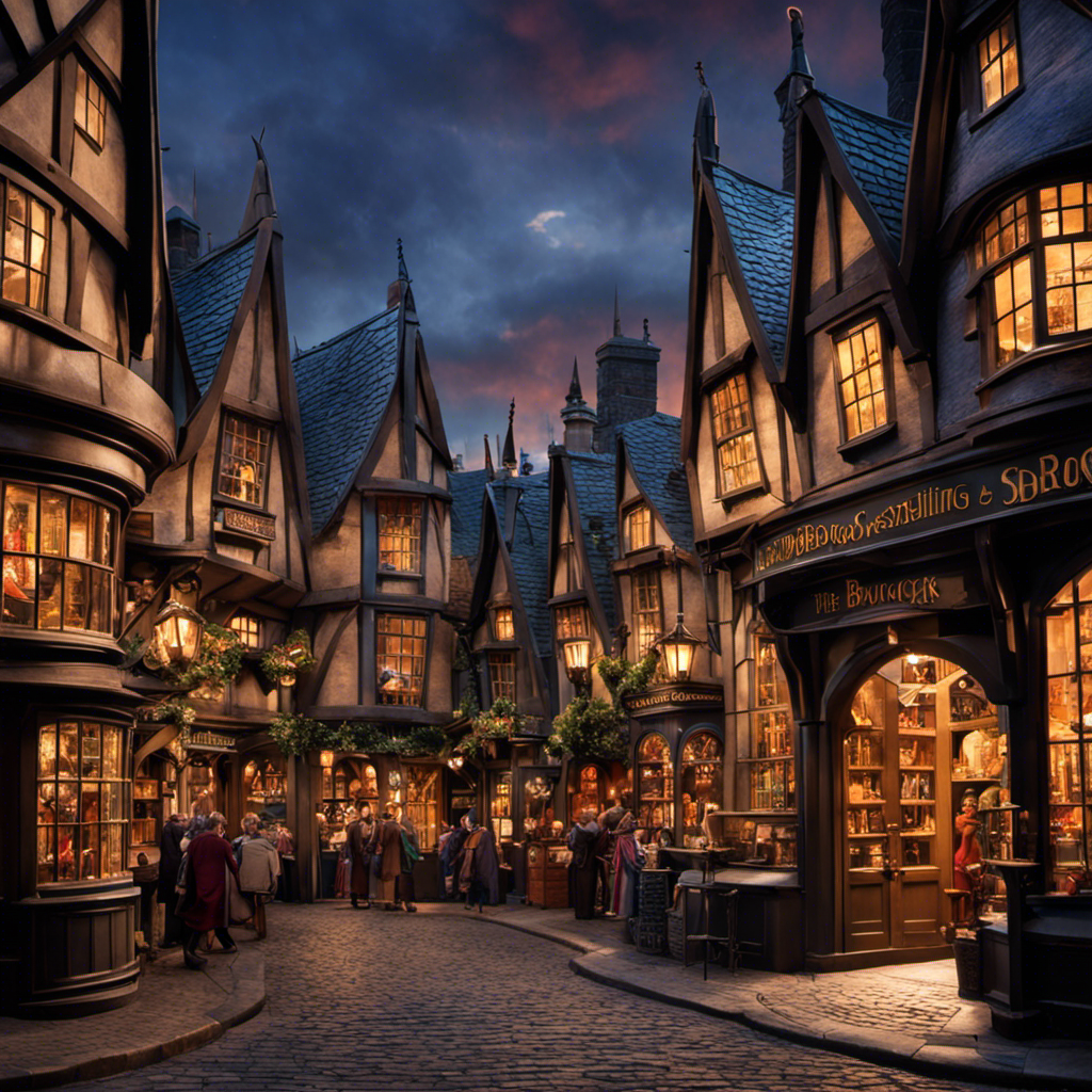 An image showcasing a bustling Diagon Alley street, adorned with quirky wizarding shops