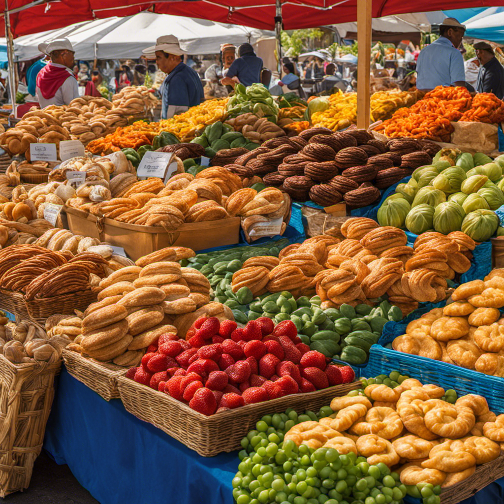 An image showcasing a bustling local farmer's market, adorned with colorful stalls offering an array of freshly baked butter braids