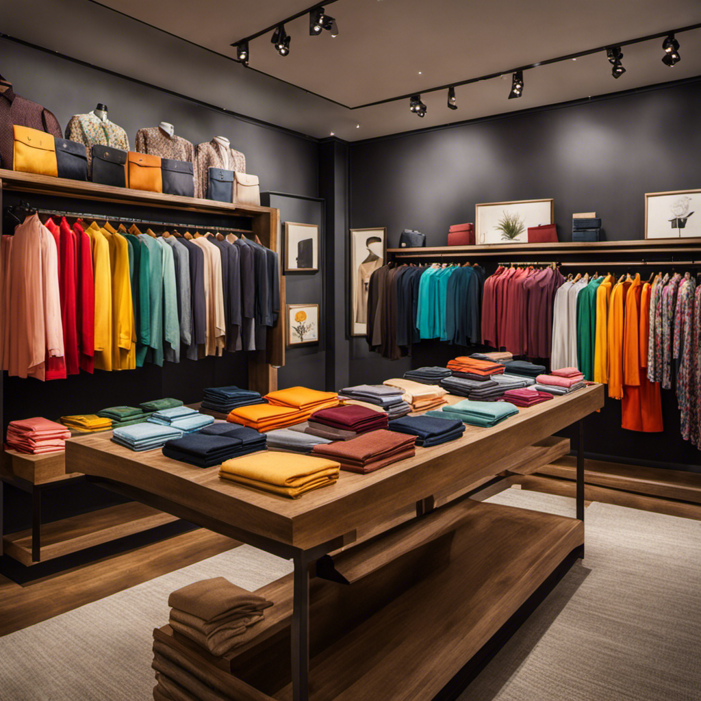 An image showcasing a well-organized, vibrant boutique clothing store, featuring a display of impeccably folded Butter Cloth shirts in various colors and patterns