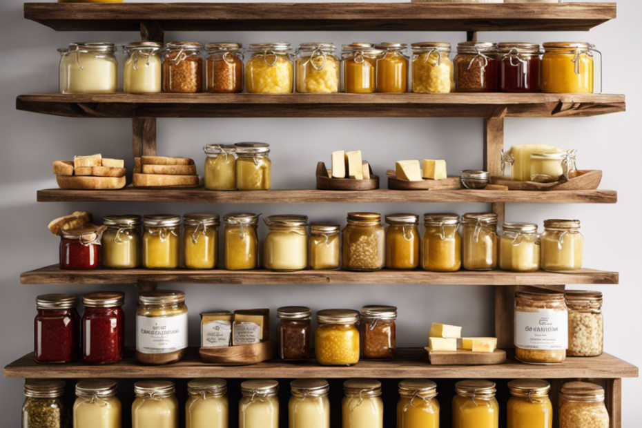 An image showcasing a rustic wooden pantry shelf filled with neatly stacked, golden blocks of butter in various sizes, surrounded by gleaming glass jars filled with homemade preserves and spreads