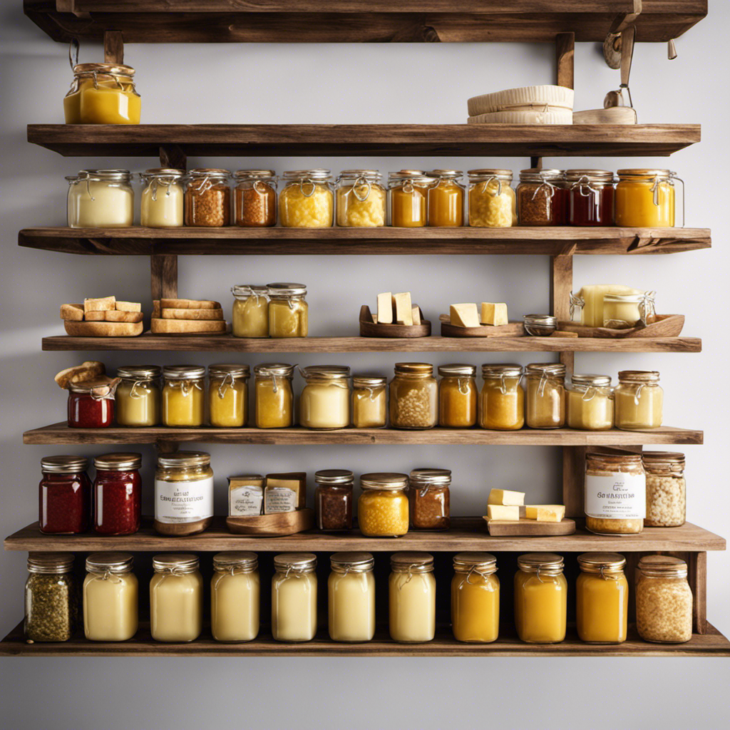An image showcasing a rustic wooden pantry shelf filled with neatly stacked, golden blocks of butter in various sizes, surrounded by gleaming glass jars filled with homemade preserves and spreads