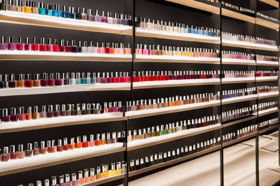 An image capturing a well-lit and organized display of an extensive range of Butter London nail polish colors, neatly arranged by shade families on sleek, minimalist shelves in a trendy, upscale beauty store