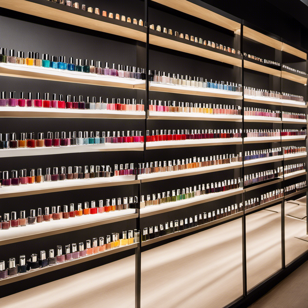 An image capturing a well-lit and organized display of an extensive range of Butter London nail polish colors, neatly arranged by shade families on sleek, minimalist shelves in a trendy, upscale beauty store