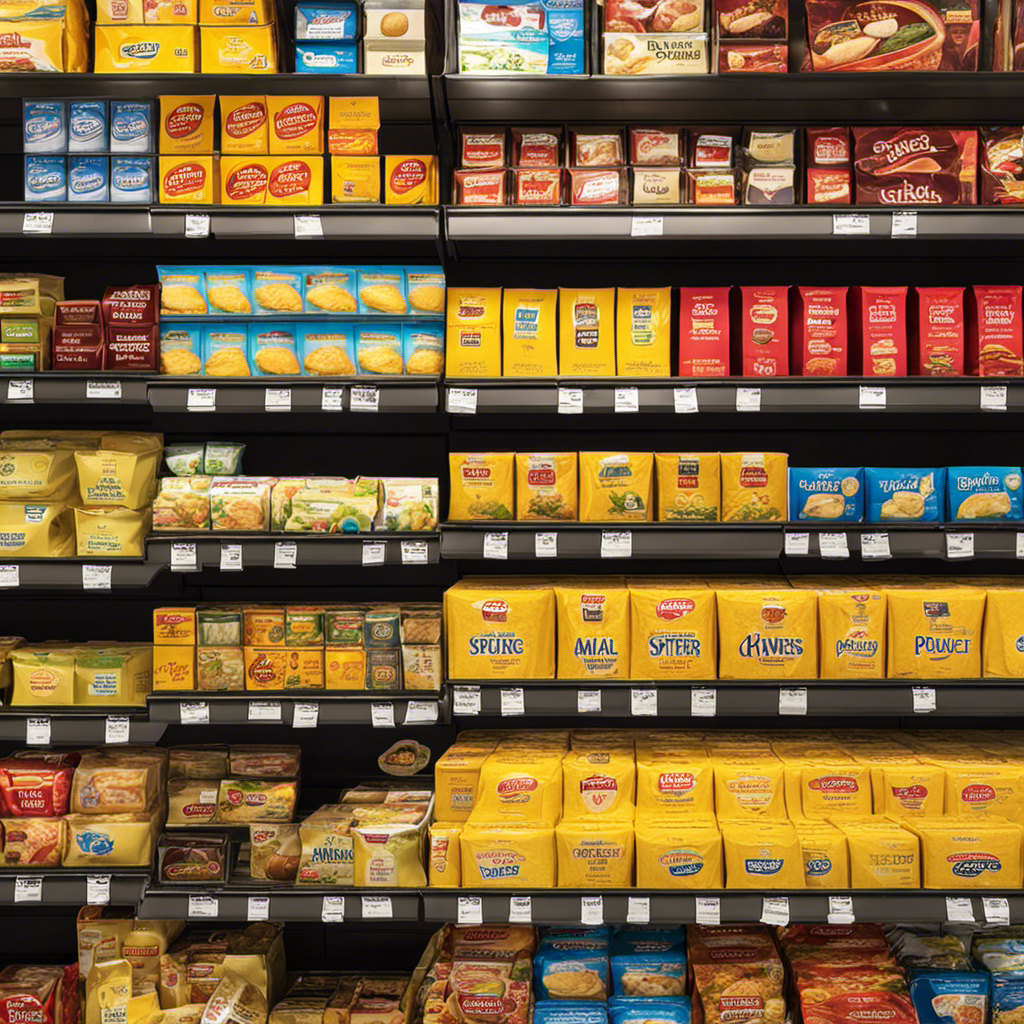 An image that showcases a vibrant display of various brands and flavors of butter packets neatly arranged on a sleek, modern shelf in a well-lit grocery store aisle