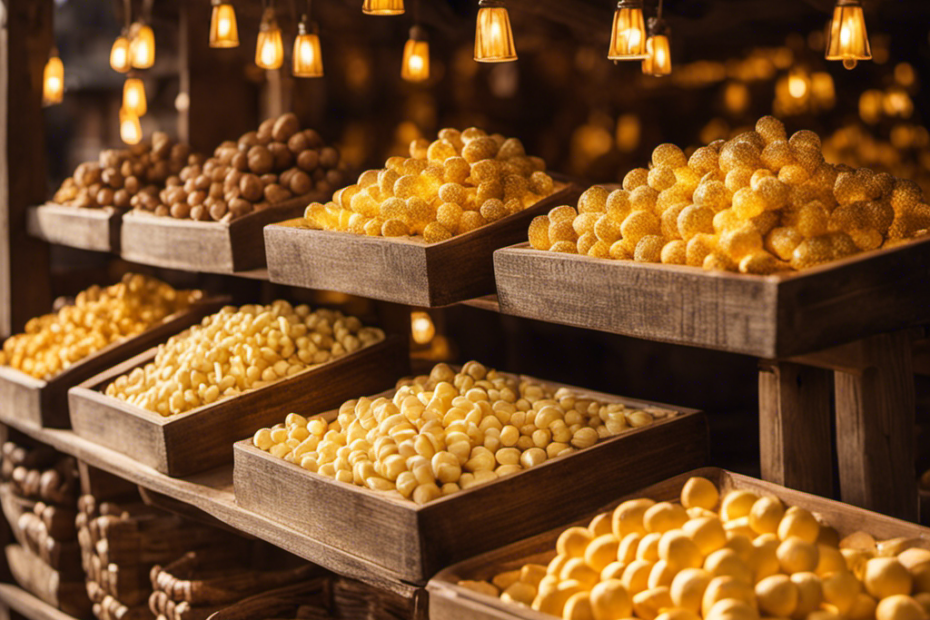 An image featuring a rustic wooden market stall adorned with dainty, golden-hued butter pats displayed in neat rows
