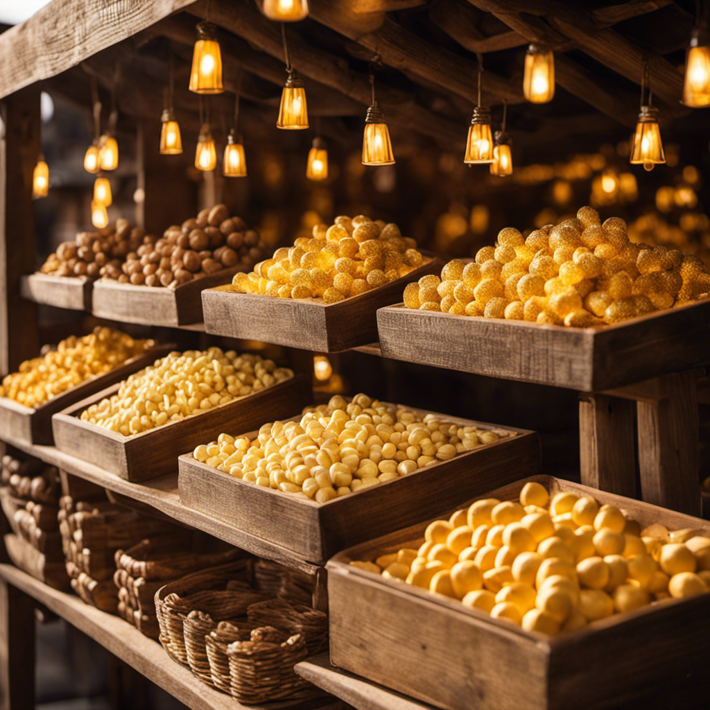 An image featuring a rustic wooden market stall adorned with dainty, golden-hued butter pats displayed in neat rows