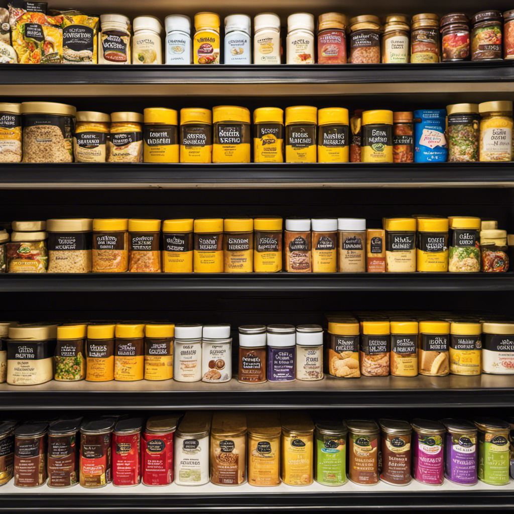 An image showcasing a well-stocked pantry shelf, adorned with various brands of butter powder in vibrant packaging
