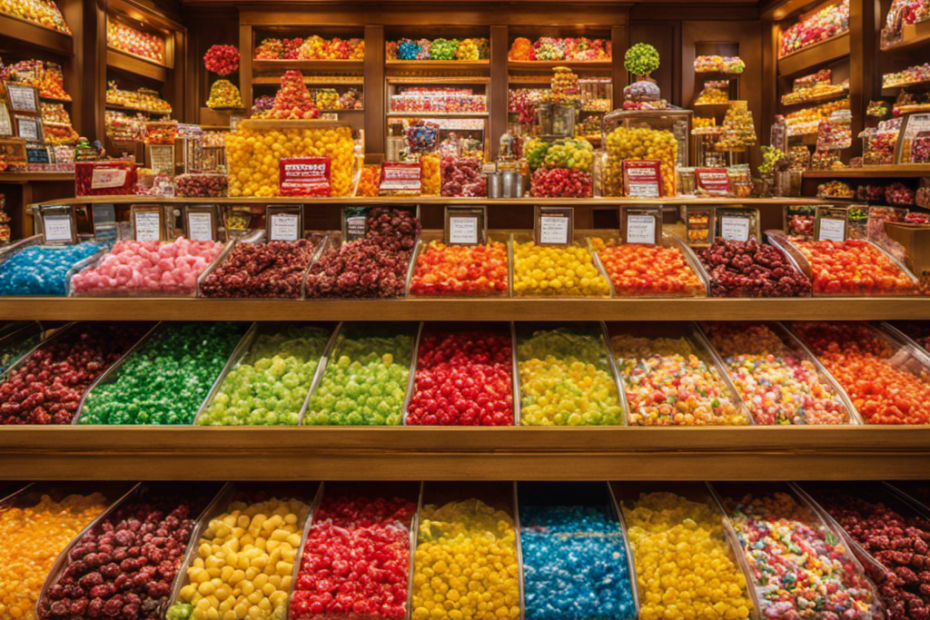 An image showcasing a vibrant candy store display, adorned with rows of tantalizing candies