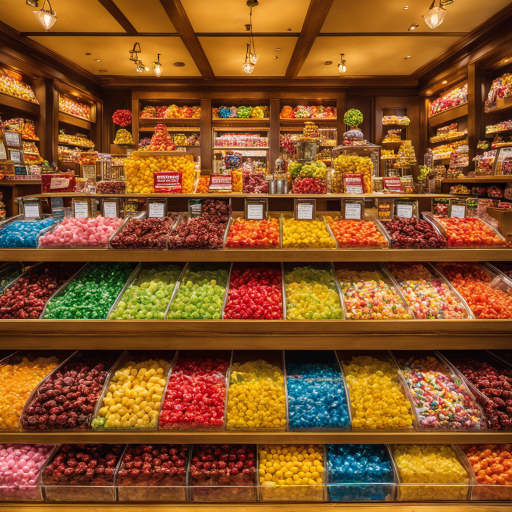 An image showcasing a vibrant candy store display, adorned with rows of tantalizing candies