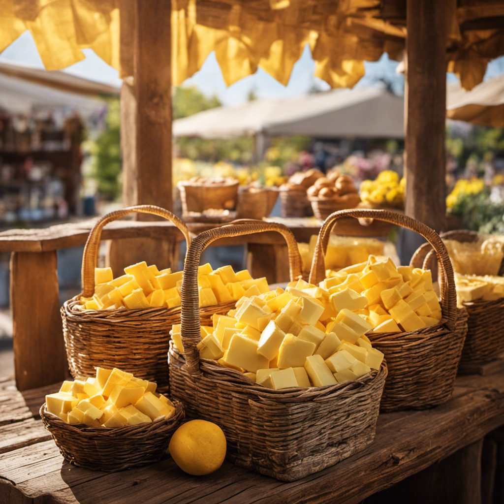 An image showcasing a cozy farmers market stall adorned with baskets of golden churned butter, neatly stacked on a rustic wooden table