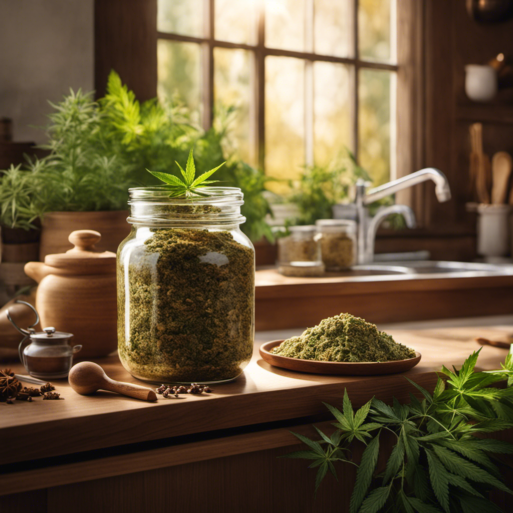 An image showcasing a cozy kitchen counter adorned with a jar of homemade cannabutter, surrounded by a variety of fresh herbs, spices, and cannabis buds