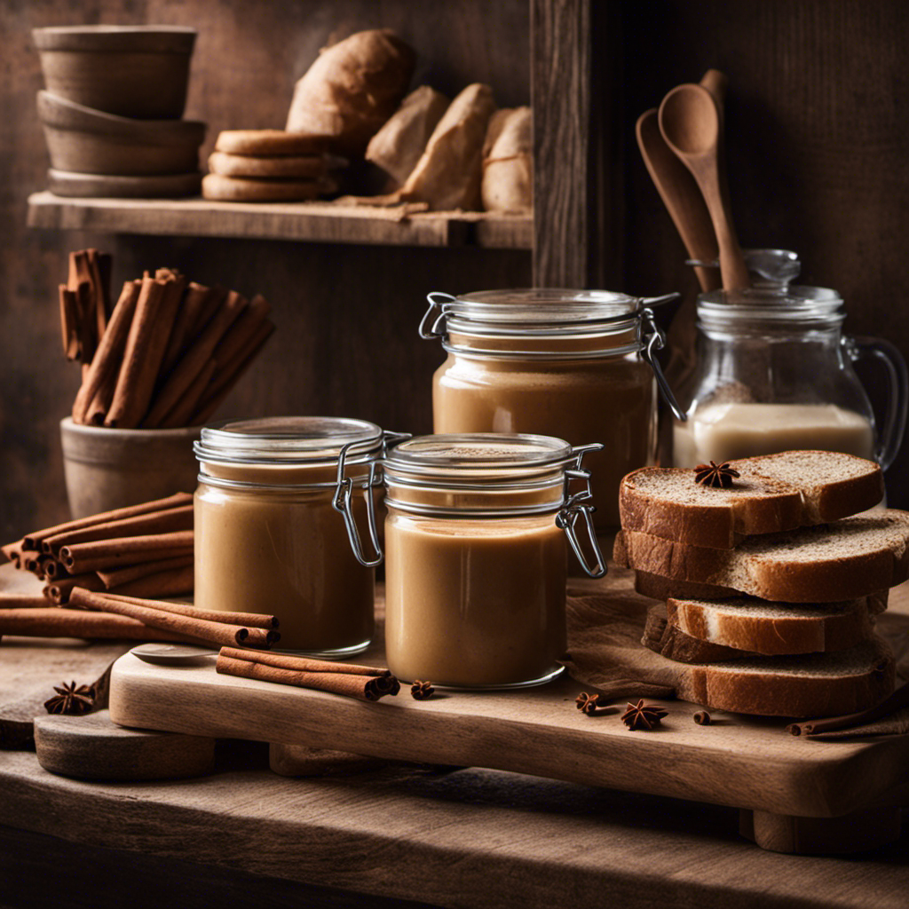 An image featuring a rustic kitchen counter with a vintage glass jar filled with creamy cinnamon butter, surrounded by stacks of fresh bread, a wooden spoon, and a trail of cinnamon sticks