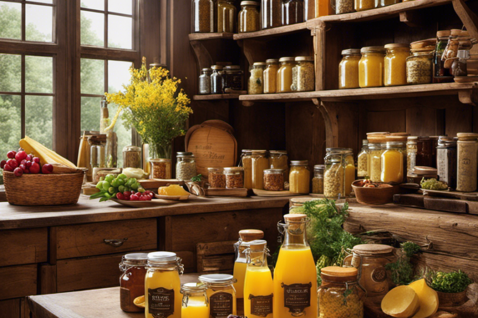 An image showcasing a rustic kitchen counter with a gleaming jar of rich, golden clarified butter, alongside a neatly arranged display of specialty gourmet shops, local farmers' markets, and online stores, inviting readers to discover the finest places to purchase this velvety delight