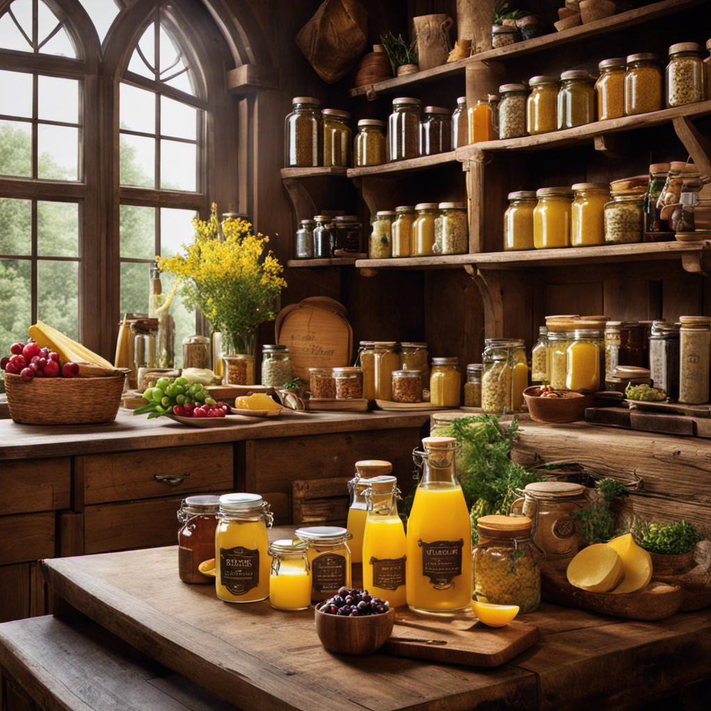 An image showcasing a rustic kitchen counter with a gleaming jar of rich, golden clarified butter, alongside a neatly arranged display of specialty gourmet shops, local farmers' markets, and online stores, inviting readers to discover the finest places to purchase this velvety delight