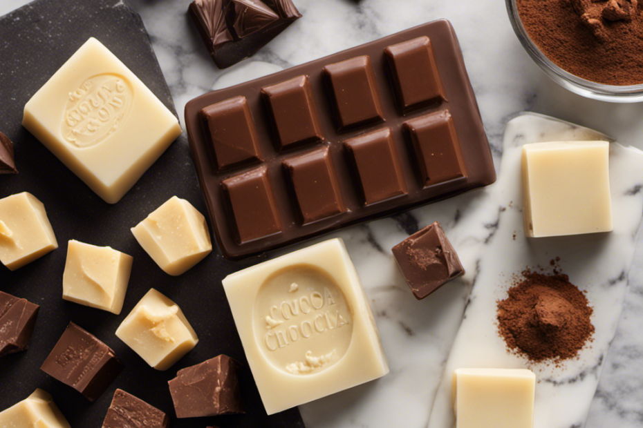 An image that showcases an array of premium-grade cocoa butter blocks neatly stacked on a pristine marble countertop surrounded by tempered chocolate, cocoa pods, and essential tools for chocolate making