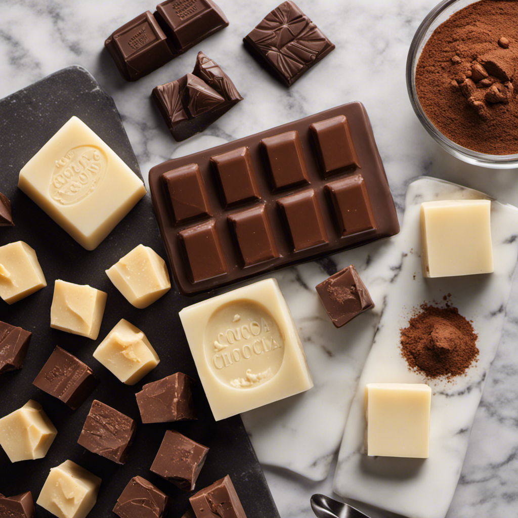 An image that showcases an array of premium-grade cocoa butter blocks neatly stacked on a pristine marble countertop surrounded by tempered chocolate, cocoa pods, and essential tools for chocolate making