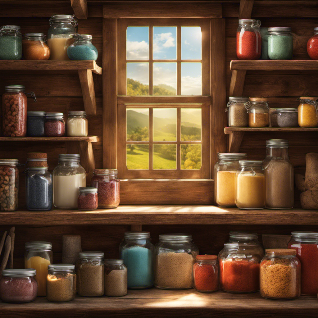 An image showcasing a cozy, rustic kitchen with shelves lined with colorful jars, displaying various brands and types of cocoa butter