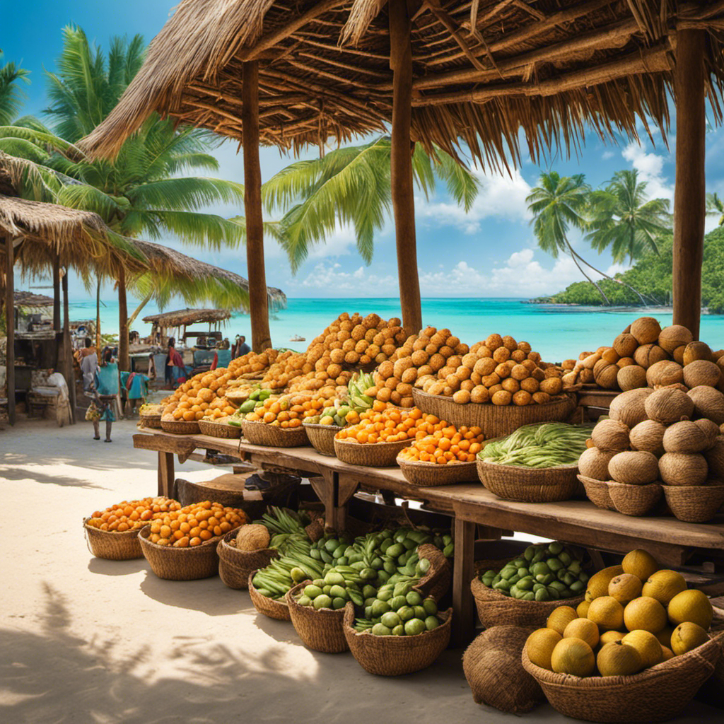 An image featuring a vibrant tropical marketplace, adorned with stalls overflowing with freshly cracked coconuts, showcasing luscious jars of creamy coconut butter, enticingly displayed amidst a backdrop of palm trees and turquoise waters