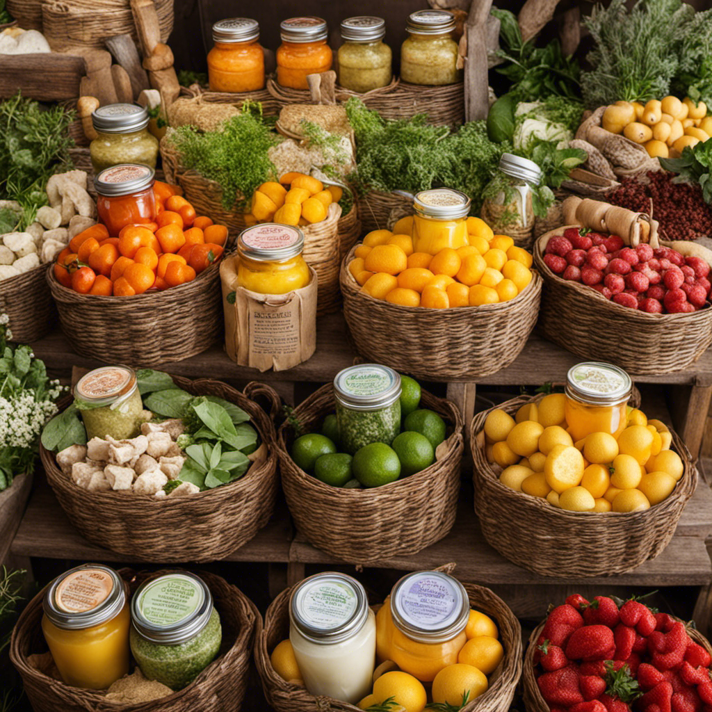 An image showcasing a vibrant farmers market stall brimming with an array of luscious compound butters, displayed in rustic baskets and jars