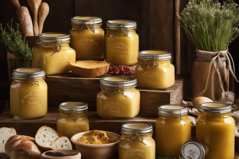 An image showcasing a rustic farmers market with vendors selling golden-hued cultured butter displayed in glass jars, nestled beside freshly baked artisan bread and a variety of aromatic herbs and spices
